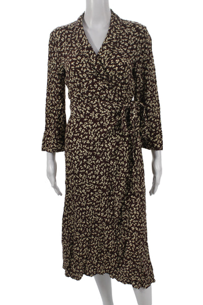 Ganni Womens Brown Floral Wrap Dress V Neck Long Sleeve Mid Calf Tie Size 38