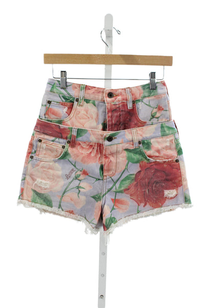 Loewe Women Cut-Off Floral Multicolor Cotton Button Shorts Size 36