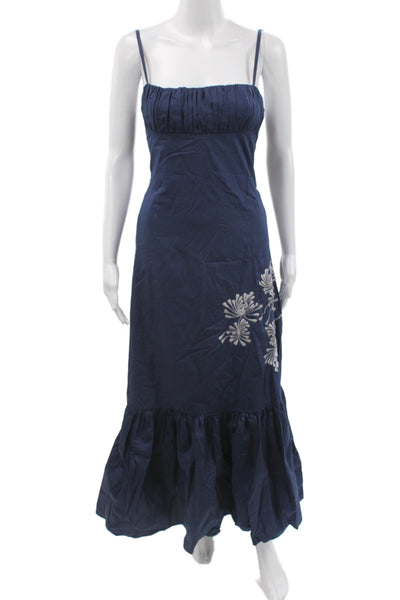 Lusana Women Maxi Blue Floral Square Neck Mid-Calf Sleeveless Dress Size M