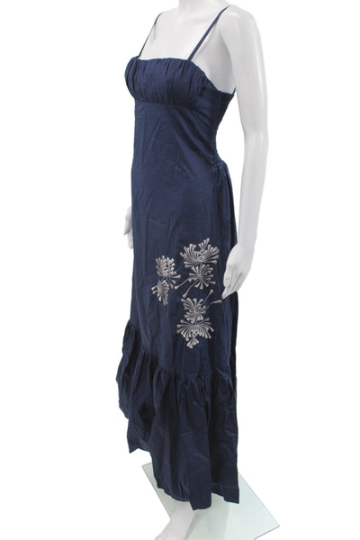 Lusana Women Maxi Blue Floral Square Neck Mid-Calf Sleeveless Dress Size M