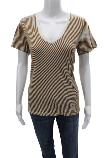 Nili Lotan Womens Basic Striped V-Neck Cotton T-Shirt Brown Short Sleeve Size L