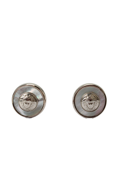 Gianni Versace Mens Silver Tone Mother of Pearl Medusa Round Cufflinks