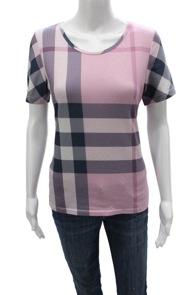 Burberry Women Pink Check Jersey T-Shirt Scoop Neck Short Sleeve Cotton Size L