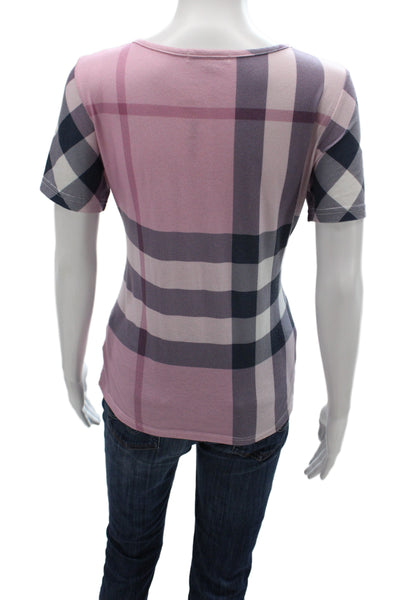 Burberry Women Pink Check Jersey T-Shirt Scoop Neck Short Sleeve Cotton Size L