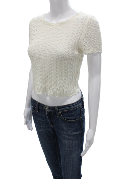 Alice + Olivia Womens Cropped Short Sleeve T-Shirt Ivory Round Neck Size S