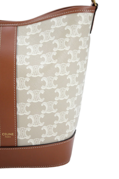 Celine Womens Calfskin Triomphe Canvas Monogram Small Bucket Bag Beige