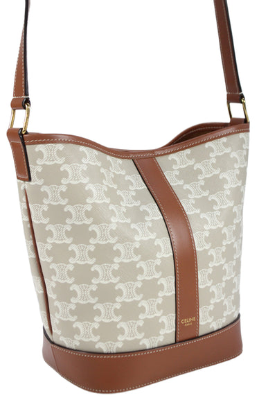 Celine Womens Calfskin Triomphe Canvas Monogram Small Bucket Bag Beige