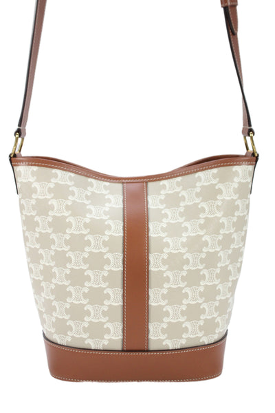 Celine Womens Calfskin Triomphe Canvas Monogram Small Bucket Bag Beige