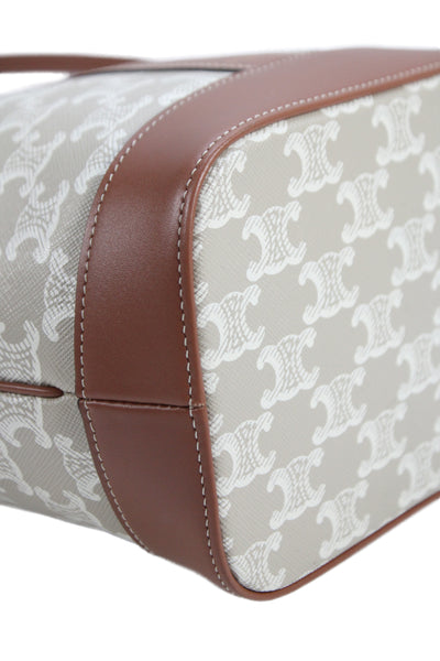 Celine Womens Calfskin Triomphe Canvas Monogram Small Bucket Bag Beige