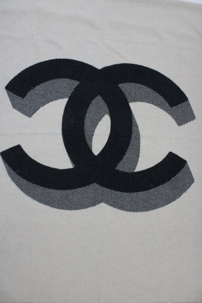 Chanel Womens Wool Printed Stitch Detail Throw Blanket Beige Black Size 72"x54"
