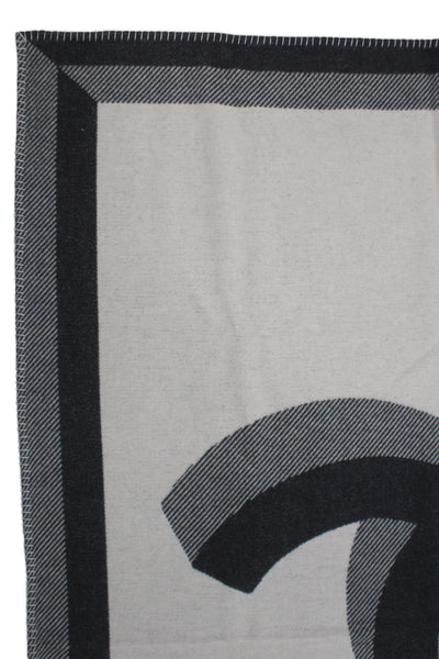 Chanel Womens Wool Printed Stitch Detail Throw Blanket Beige Black Size 72"x54"