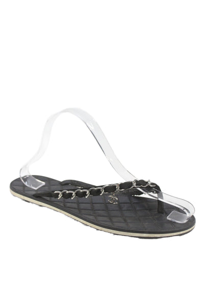 Chanel Womens Chain Detail CC Detail Quilted Flip Flop Black Size 7