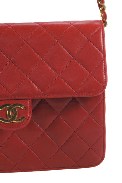 Chanel Womens Leather Quilted Classic Flap Shoulder Handbag Red Lambskin