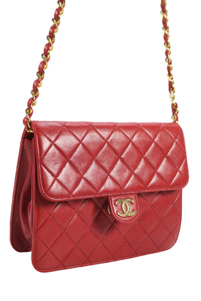 Chanel Womens Leather Quilted Classic Flap Shoulder Handbag Red Lambskin
