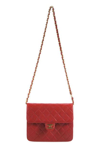 Chanel Womens Leather Quilted Classic Flap Shoulder Handbag Red Lambskin