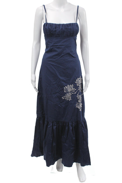 Lusana Womens Maxi Dress Blue Cotton Embroidered Sleeveless Zip Size L