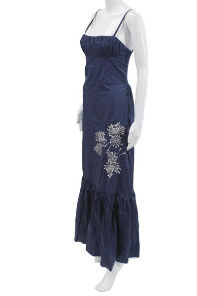 Lusana Womens Maxi Dress Blue Cotton Embroidered Sleeveless Zip Size L
