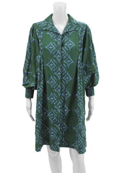 LAVI Women Shirt Dress Green Long Sleeve Collared Button Geometric Size S