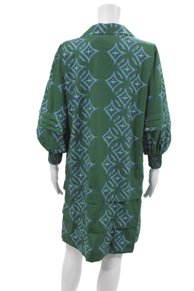 LAVI Women Shirt Dress Green Long Sleeve Collared Button Geometric Size S