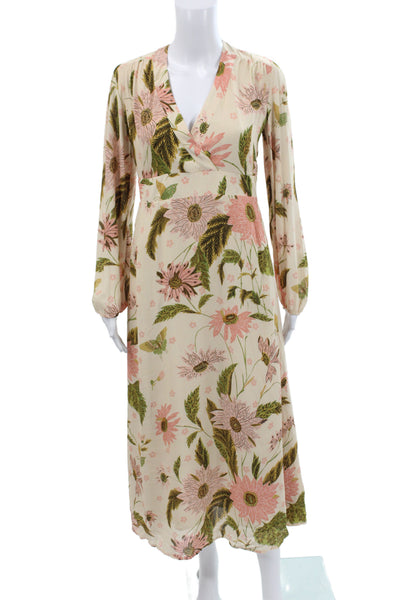 Spartina 449 Women Maxi Dress Floral V-Neck Long Sleeve Beige Viscose Size 2XS