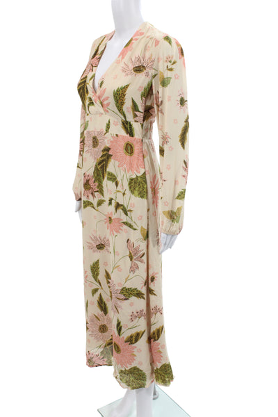 Spartina 449 Women Maxi Dress Floral V-Neck Long Sleeve Beige Viscose Size 2XS