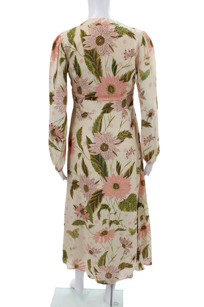 Spartina 449 Women Maxi Dress Floral V-Neck Long Sleeve Beige Viscose Size 2XS