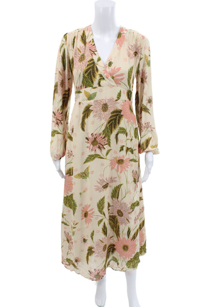 Spartina 449 Women Maxi Floral V-Neck Long Sleeve Beige Dress Size XS