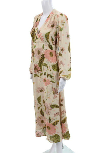 Spartina 449 Women Maxi Floral V-Neck Long Sleeve Beige Dress Size XS