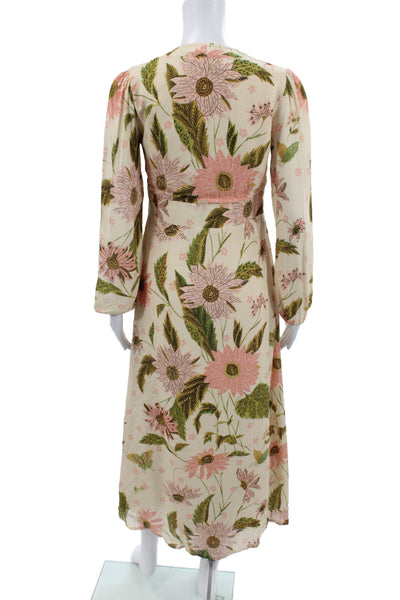 Spartina 449 Women Maxi Floral V-Neck Long Sleeve Beige Dress Size XS