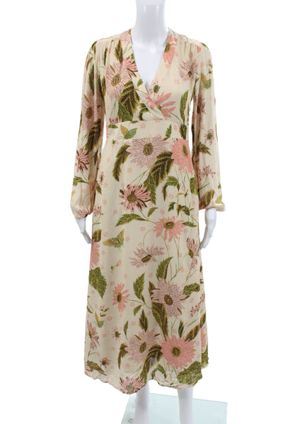 Spartina 449 Women Maxi Dress Beige Floral V-Neck Long Sleeve Viscose Size L