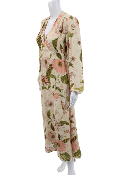 Spartina 449 Women Maxi Dress Beige Floral V-Neck Long Sleeve Viscose Size L