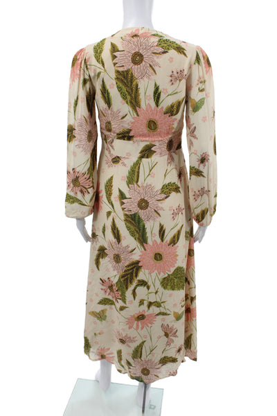 Spartina 449 Women Maxi Dress Beige Floral V-Neck Long Sleeve Viscose Size L