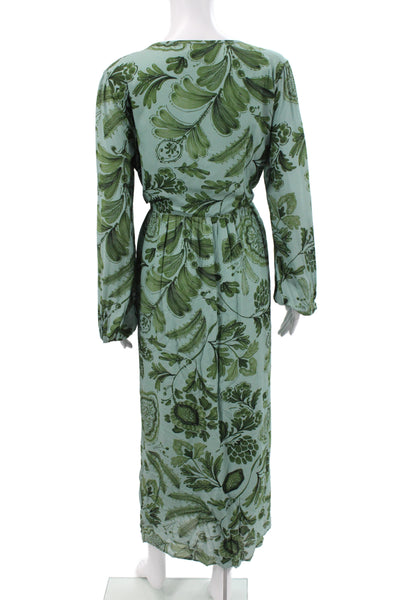Spartina 449 Womens Maxi Floral Dress Green Long Sleeve Scoop Neck Size L