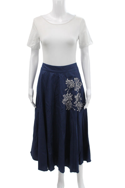 Lusana Womens A-Line Skirt Blue Floral Cotton Long Zip Size S
