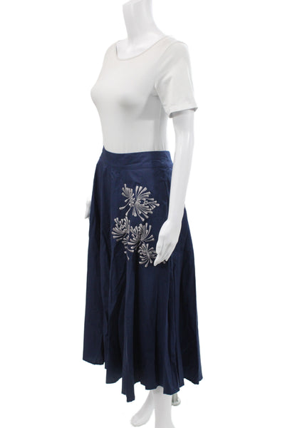 Lusana Womens A-Line Skirt Blue Floral Cotton Long Zip Size S