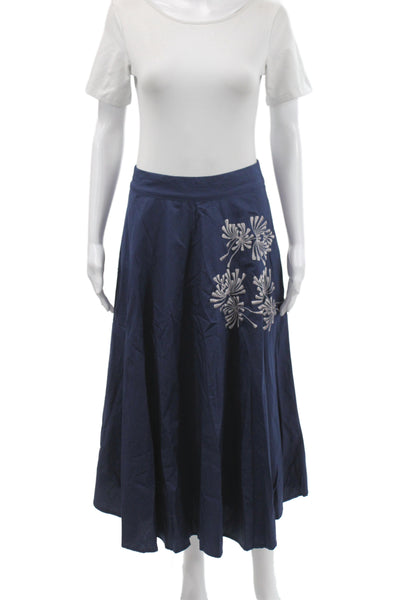 Lusana Womens A-Line Skirt Blue Floral Cotton Long Zip Size S