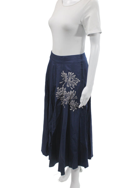 Lusana Womens A-Line Skirt Blue Floral Cotton Long Zip Size S