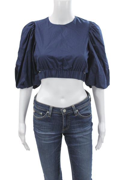 Lusana Women Cropped Blouse Blue Cotton 3/4 Sleeve Round Neck Boho Size S