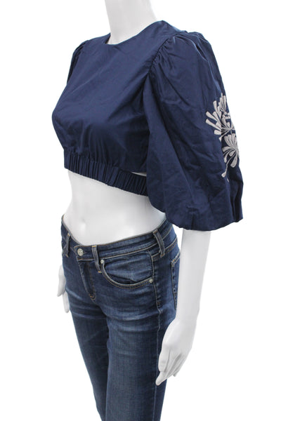 Lusana Women Cropped Blouse Blue Cotton 3/4 Sleeve Round Neck Boho Size S