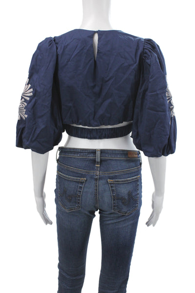 Lusana Women Cropped Blouse Blue Cotton 3/4 Sleeve Round Neck Boho Size S