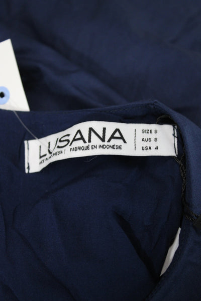 Lusana Women Cropped Blouse Blue Cotton 3/4 Sleeve Round Neck Boho Size S