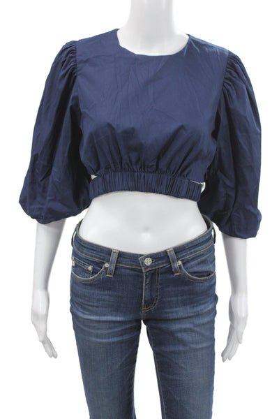 Lusana Womens Cropped Boho Blue Cotton 3/4 Sleeve Round Neck Blouse Size M