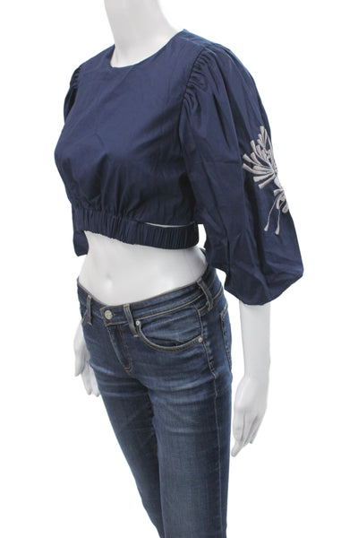 Lusana Womens Cropped Boho Blue Cotton 3/4 Sleeve Round Neck Blouse Size M