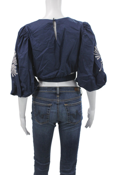 Lusana Womens Cropped Boho Blue Cotton 3/4 Sleeve Round Neck Blouse Size M