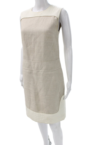 Longchamp Women Shift Dress Beige Linen Sleeveless Zip Colorblock Size 6