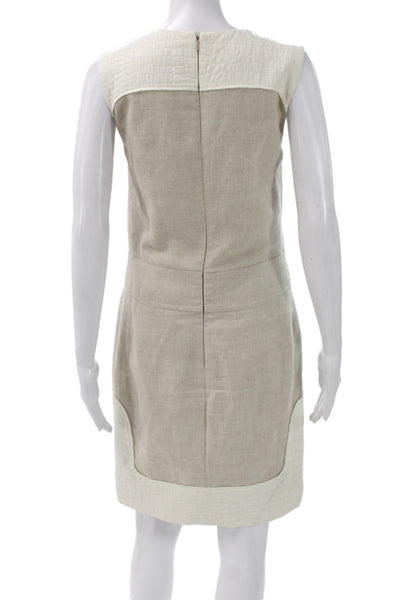 Longchamp Women Shift Dress Beige Linen Sleeveless Zip Colorblock Size 6
