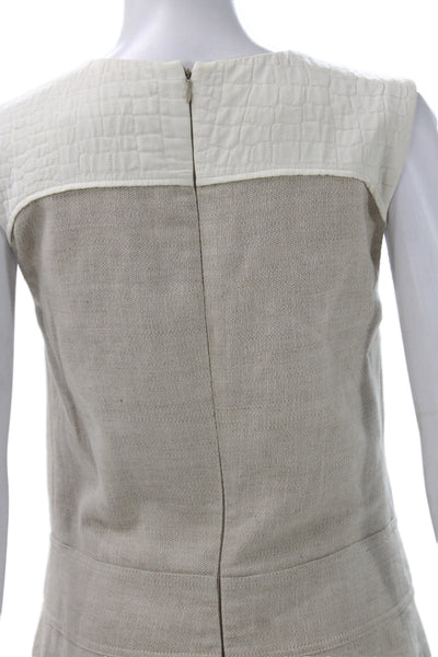 Longchamp Women Shift Dress Beige Linen Sleeveless Zip Colorblock Size 6