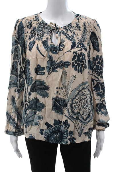 Spartina 449 Women Tunic Floral Viscose Long Sleeve Round Neck Beige Size S