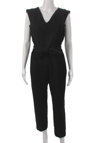 Maje Women Jumpsuit Black V Neck Tie Sleeveless 50% Cotton Minimalist Size 38