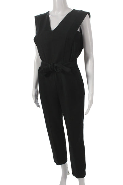 Maje Women Jumpsuit Black V Neck Tie Sleeveless 50% Cotton Minimalist Size 38